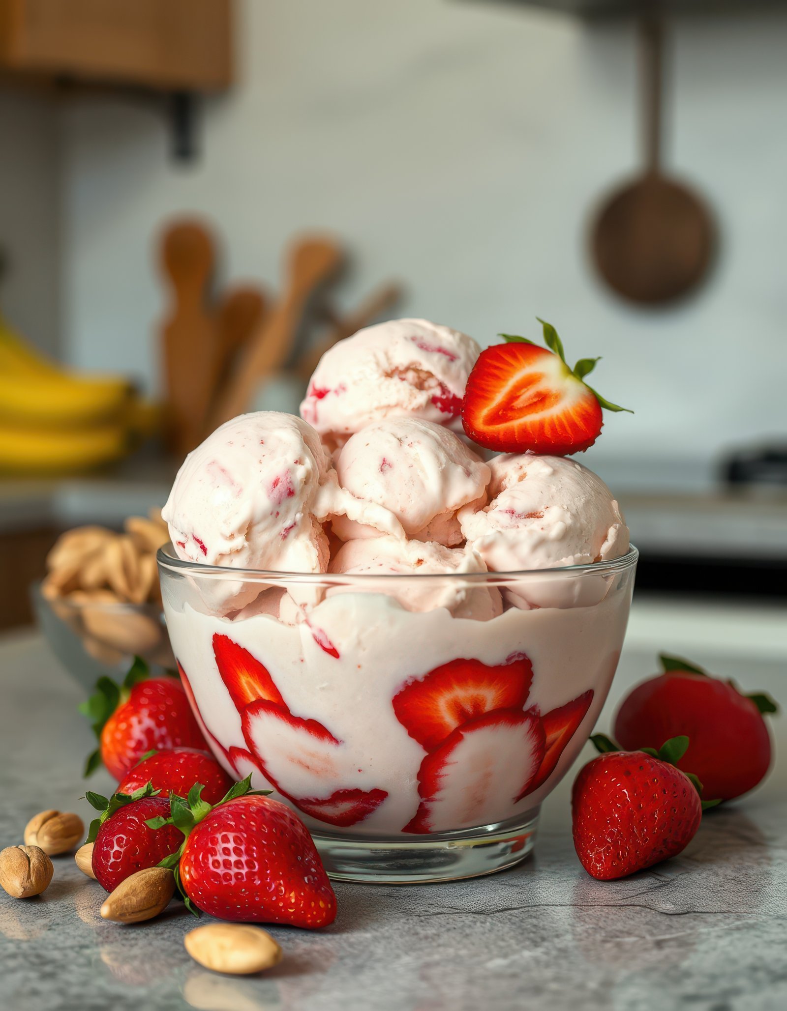 Delicious strawberry ice cream served in a bowl with fresh strawberries and nuts on a kitchen counter